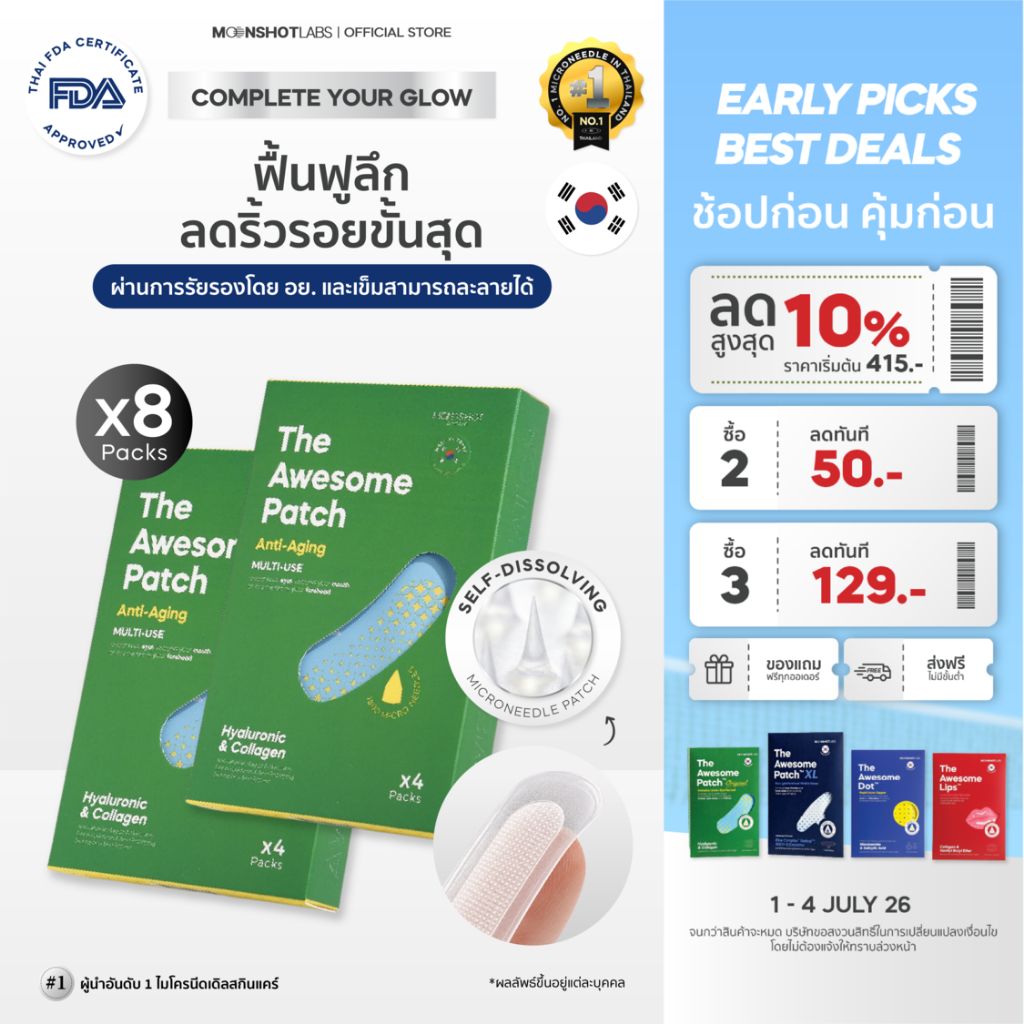 [8 Packs] The Awesome Patch XL – กู้ริ้วรอยร่องลึกบนหน้าผากแบบเร่งด่วน มาร์กเข็มลดริ้วรอย แผ่นไมโครนีดเดิล 3,800 เข็ม