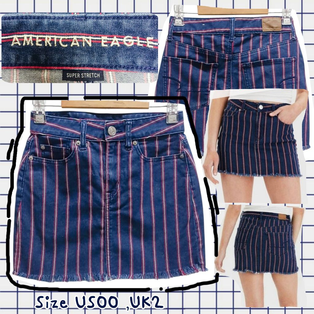 B055🤖A M E R I C A N_E A G L E(Size US00,UK2)1/2=กระโปรงยีนส์สั้นลายทาง