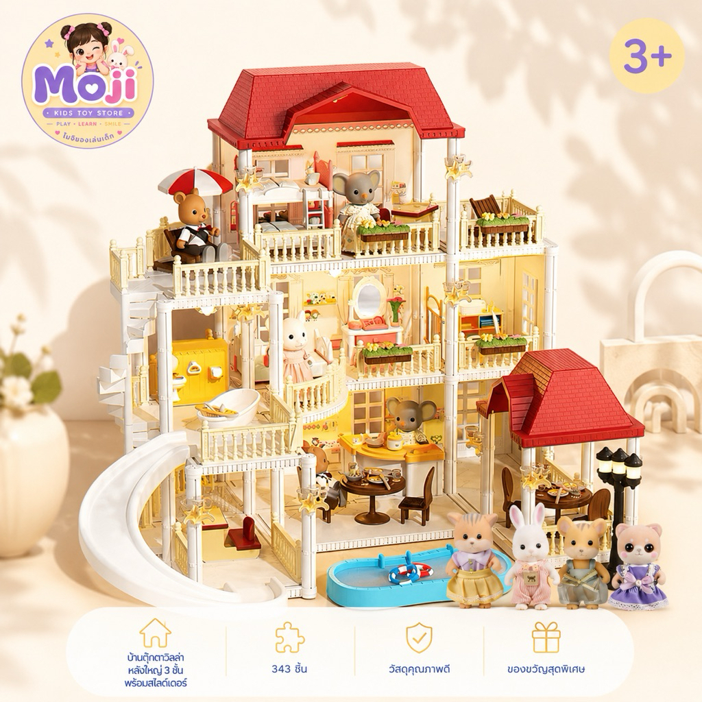บ้านตุ๊กตาหลังใหญ่วิลล่าสุดหรู3ชั้นฟังก์ชั่นครบ🏡สระว่ายน้ำ สไลด์เดอร์ ลิฟต์เฟอร์นิเจอร์ครบชุดสุดอลัง