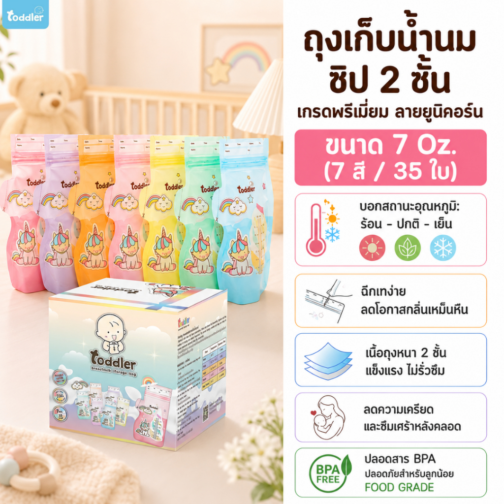 (เนื้อถุงลามิเนตหนา) Toddlerfamily ถุงเก็บน้ำนม เกรดพรีเมี่ยม ลายยูนิคอร์น  ขนาด 7 Oz. (7 สี / 35ใบ)