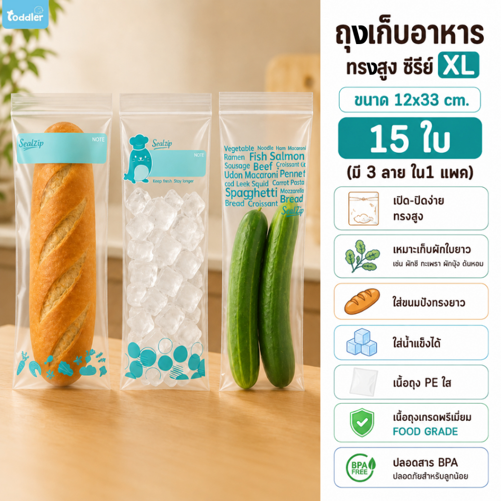 (ขนาดXL) Sealzip ถุงซิบล็อค ถุงถนอมอาหาร ถุงซิบใส่ผัก รุ่น series (15 bags/1 pack)