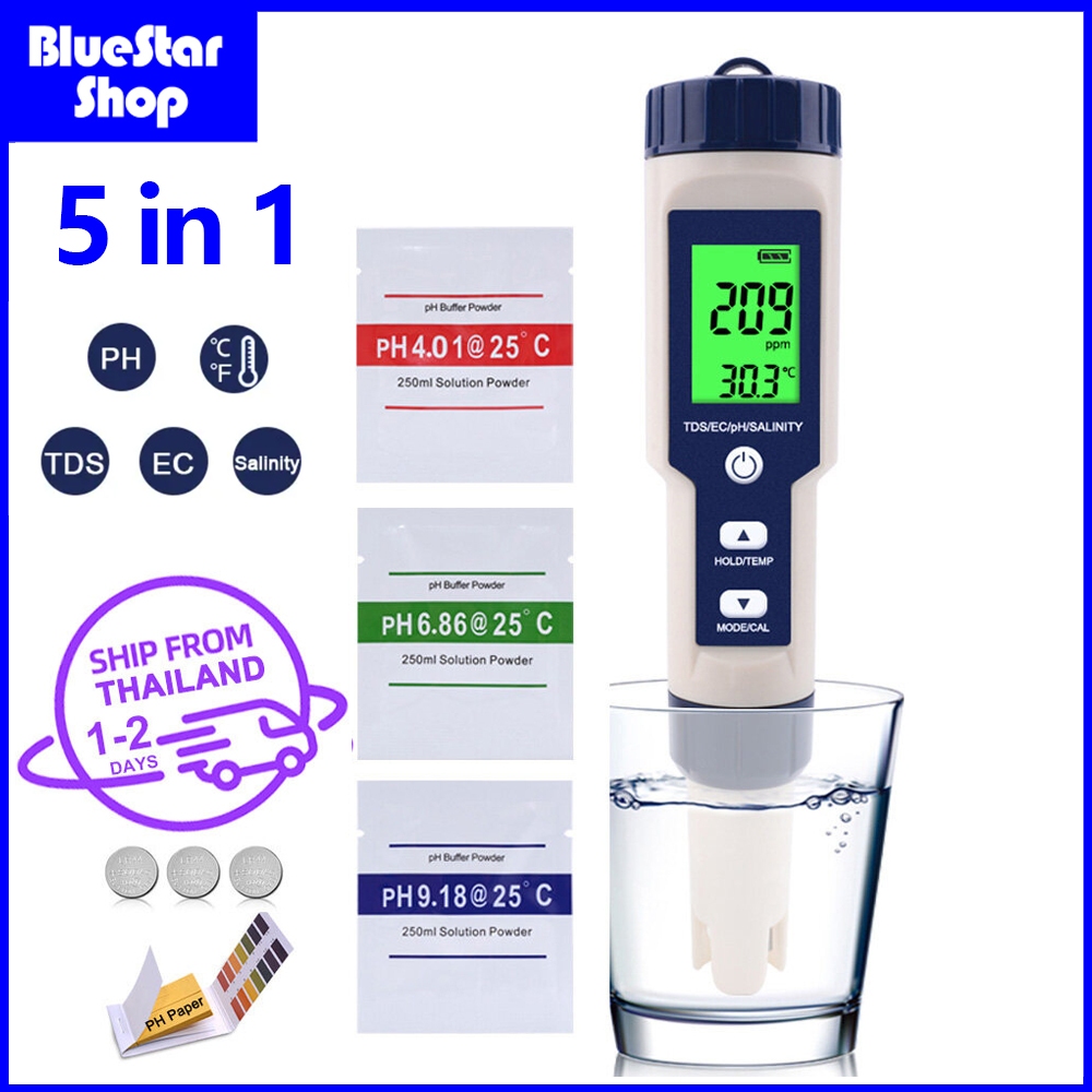 Electronic TDS Meter 5-In-1ตัวทดสอบคุณภาพPH/EC (การนำไฟฟ้า) /TDS (Ppm)/ความเค็ม (Ppt)/เครื่องวัดอุณห
