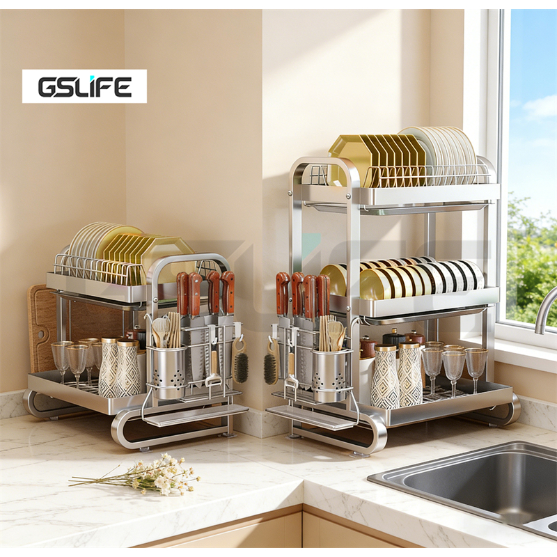 GSlife ที่วางจานสแตนเลสพร้อมถาดรองน้ำแบบถอดได้ วางจานได้