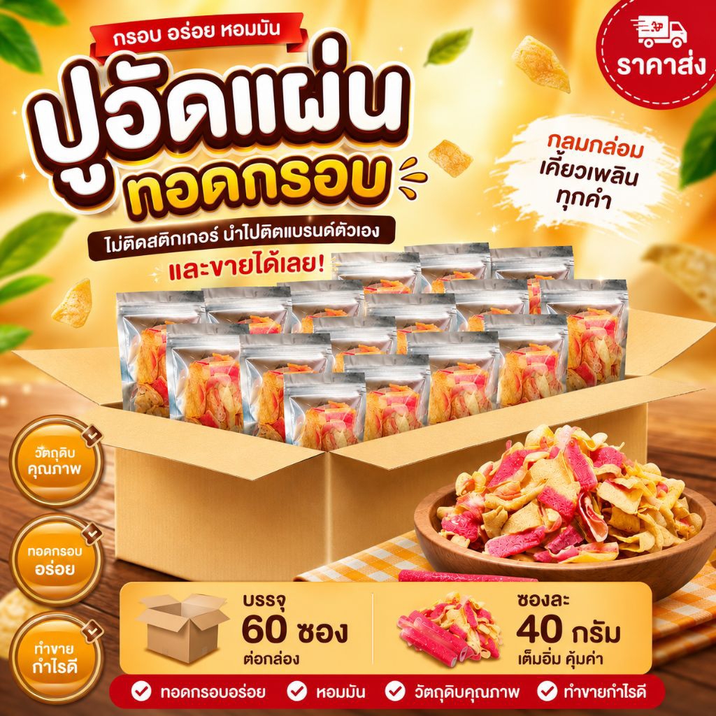 (ราคาส่ง+ไม่ติดสติ๊กเกอร์) ปูอัดแผ่นทอดกรอบ ยกลัง 60 ซอง ขนาดซองละ 40 กรัม