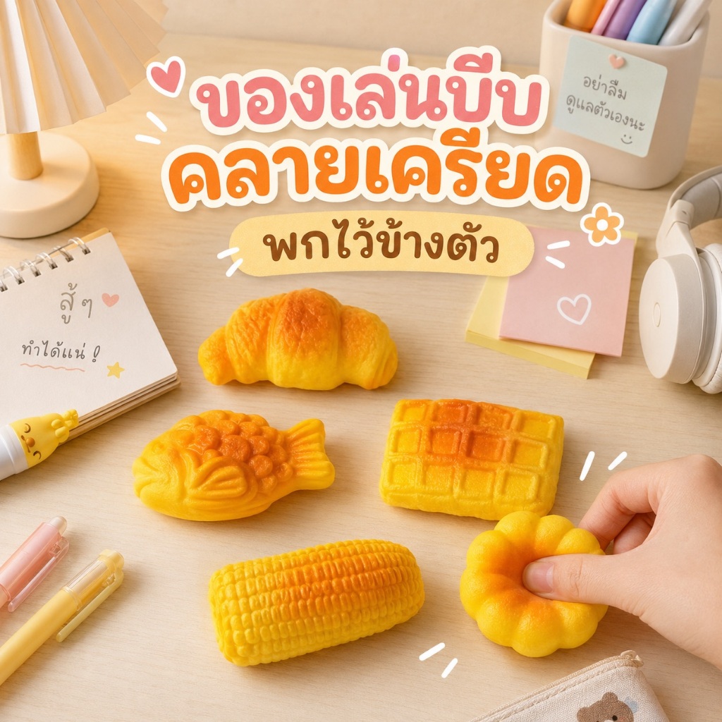 ของเล่นบีบทรงขนมสุดน่ารัก สุ่มคละแบบ 6 ชิ้น / 12 ชิ้น ลายขนมปัง ข้าวโพด วาฟเฟิล ปลา และอีกหลายแบบ