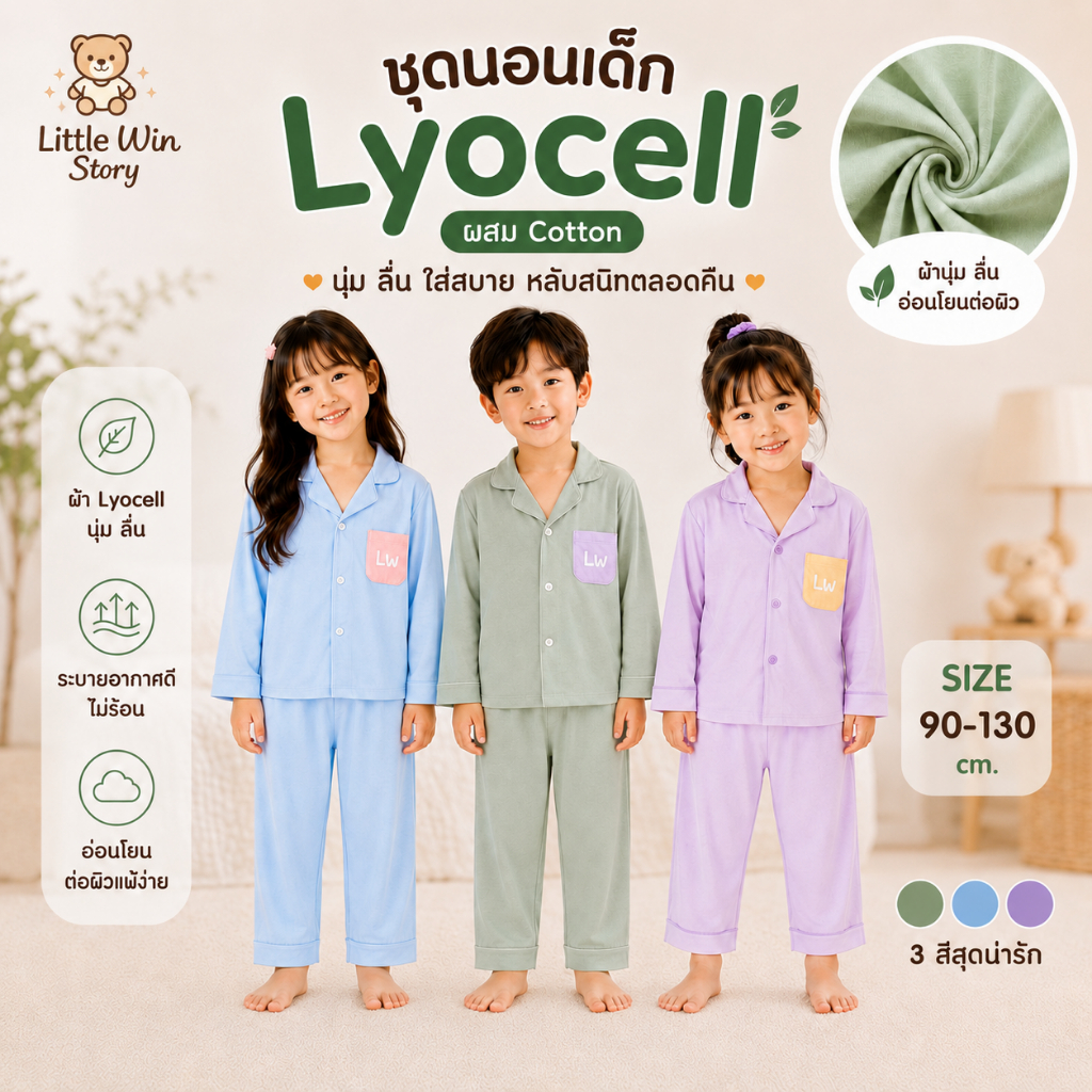 ชุดนอนเด็ก Little Win Story ผ้า Lyocell Cotton นุ่ม ระบายอากาศดี ใส่สบาย สำหรับ เด็กชายและหญิง
