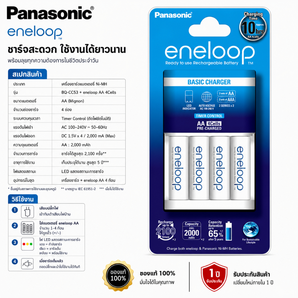 เครื่องชาร์จ Eneloop charger รุ่น K-KJ51MCC40T 10hrs+4ก้อน(2A)pcs Panasonicแท้ มีมอก รับประกัน(นำพลาสติกออกก่อนชาร์จค่ะ)