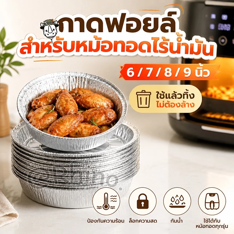ถาดฟอยล์ อลูมิเนียม (10 ชิ้น) ใช้แล้วทิ้ง สำหรับหม้อทอดไร้น้ำมัน เตาอบ จานฟอยล์ ถ้วยฟอยล์ แผ่นรองน้ำมัน ขนาด 6/7/8 นิ้ว