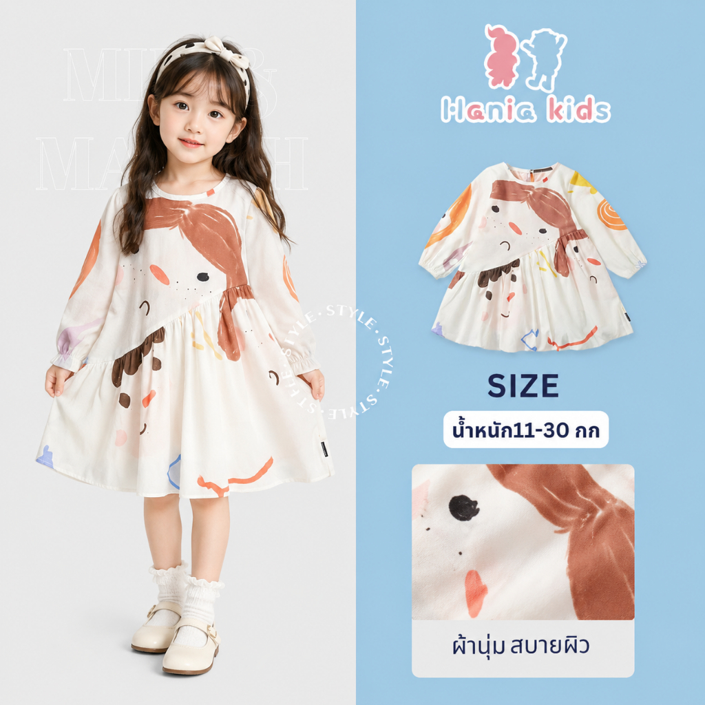 Hania Kids ชุดเดรสแขนยาวเด็กผู้หญิง ลายการ์ตูนกราฟฟิตี้ สไตล์เจ้าหญิงน่ารัก-K4114916