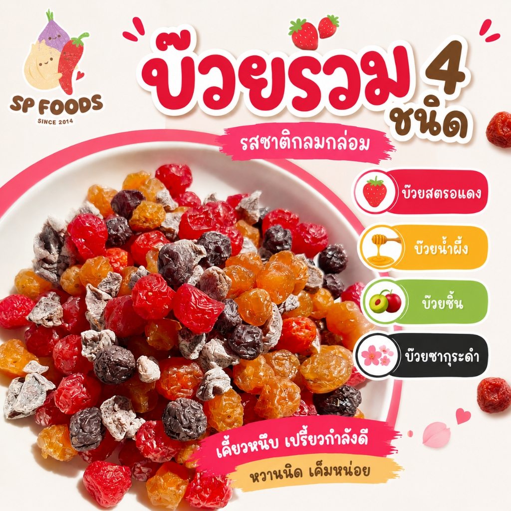 แพ็ค100กรัม บ๊วยรวม 4 ชนิด ซากุระ/ชิ้น/สตรอสีแดง/น้ำผึ้งสีเหลือง By SP FOODS ขนม