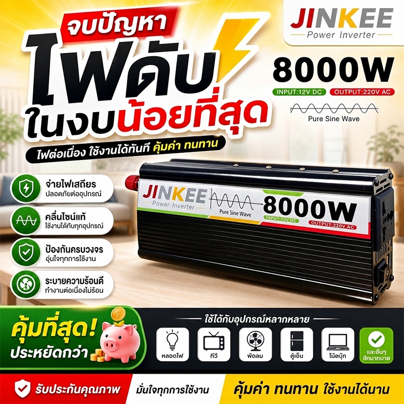 คลื่นไซน์บริสุทธิ์ อินเวอร์เตอร์ 12v เป็น 220v แปลงไฟ อินเวอร์เตอร์โซลาร์เซลล์ อินเวอร์เตอร์บ้าน อินเวอร์เตอร์ไฟ 08