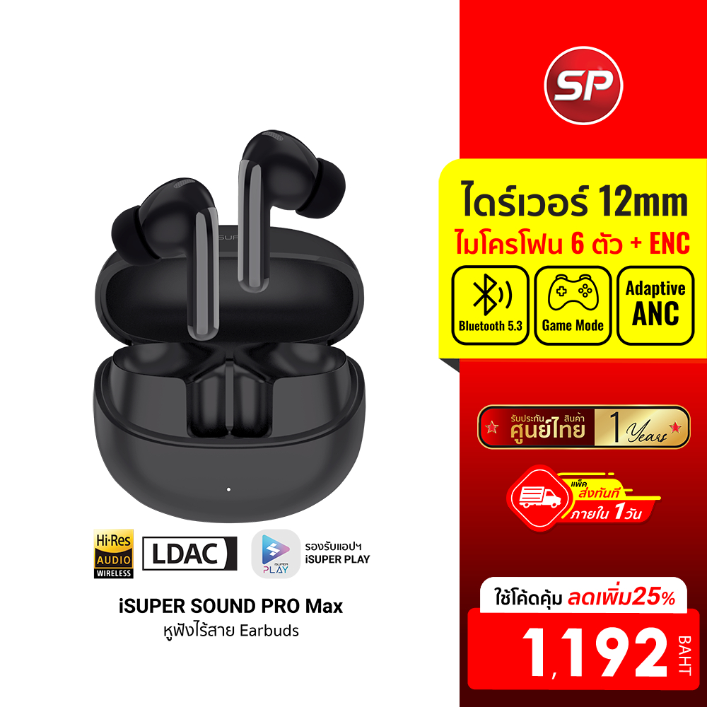 [ลดเหลือ 1192] iSUPER SOUND PRO Max หูฟังบลูทูธ หูฟังไร้สาย หูฟัง ANC ลดเสียงรบกวน Bluetooth 5.3 ใช้งานผ่านแอปฯ -1Y