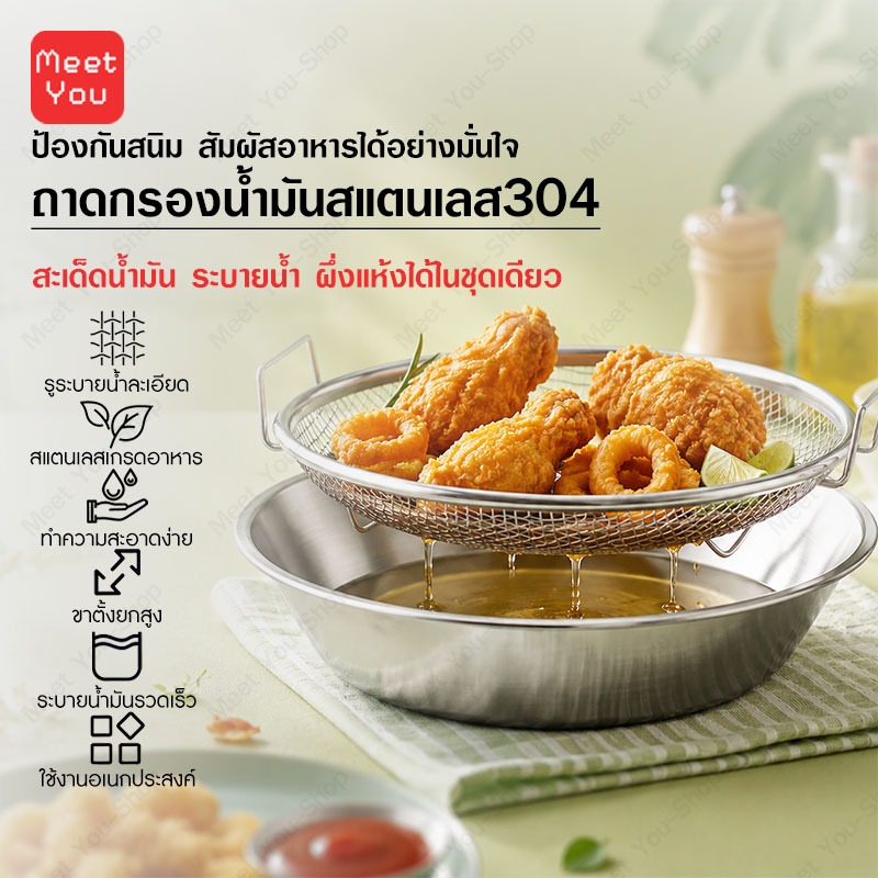 PINMU ตะแกรงกรองน้ำมัน พร้อมถาดรองน้ำมันสแตนเลส ชุด2ชิ้น ขนาด20/22cm จานของทอด จานรองน้ำมัน