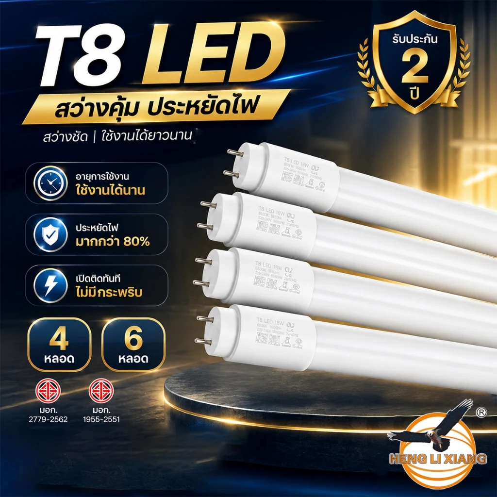 หลอดไฟ LED T8 9W/18W/20W/40W 4/6หลอด รับประกัน2ปี ผ่านมาตรฐาน มอก. ประหยัดสุด สว่างมาก รุ่น HL-T8