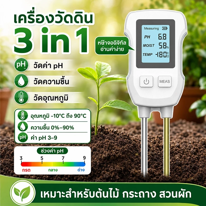 เครื่องวัดดินดิจิทัล 3 in 1 วัดค่าpH ความชื้นและอุณหภูมิดิน ช่วงวัดกว้าง แม่นยำสูง เหมาะปลูกต้นไม้ กระถางและสวนผัก