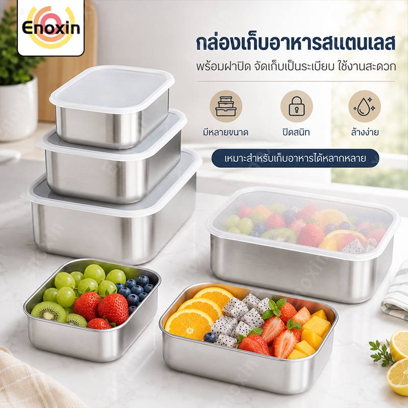 กล่องเก็บอาหารในตู้เย็น สเตนเลส 600 มล. พร้อมฝาปิดพลาสติก เตรียมความสดอาหาร กล่องปิกนิก