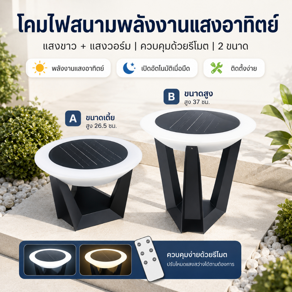 โคมไฟสนามโซลาร์เซลล์ พลังงานแสงอาทิตย์ รีโมท แสงขาว/วอร์ม 2 ขนาด สำหรับสวน ทางเดิน ลานบ้าน