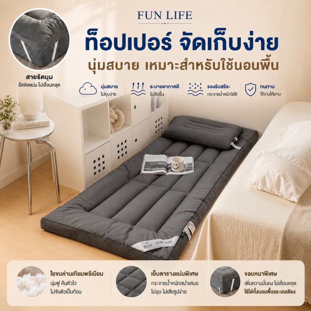 FLM ท็อปเปอร์ หนา3ซม ขนาด 3ฟุต/3.5ฟุต/5ฟุต/6ฟุต นุ่มนอนสบาย ใย 4 ชั้น เย็บลายบุ๋ม จัดส่งเร็ว