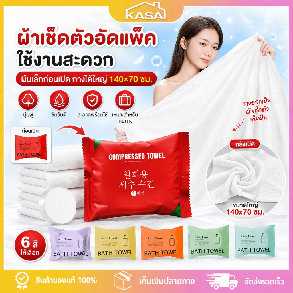 ผ้าขนหนูอาบน้ำแบบใช้แล้วทิ้ง 70x140CM เพิ่มความหนาพิเศษ บรรจุแยก แบบพกพา ผ้าเช็ดตัว ซับน้ำไว โรงแรม เดินทาง ของใช้