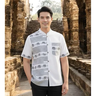 เสื้อพื้นเมืองผู้ชายแขนสั้น รวมสีขาว