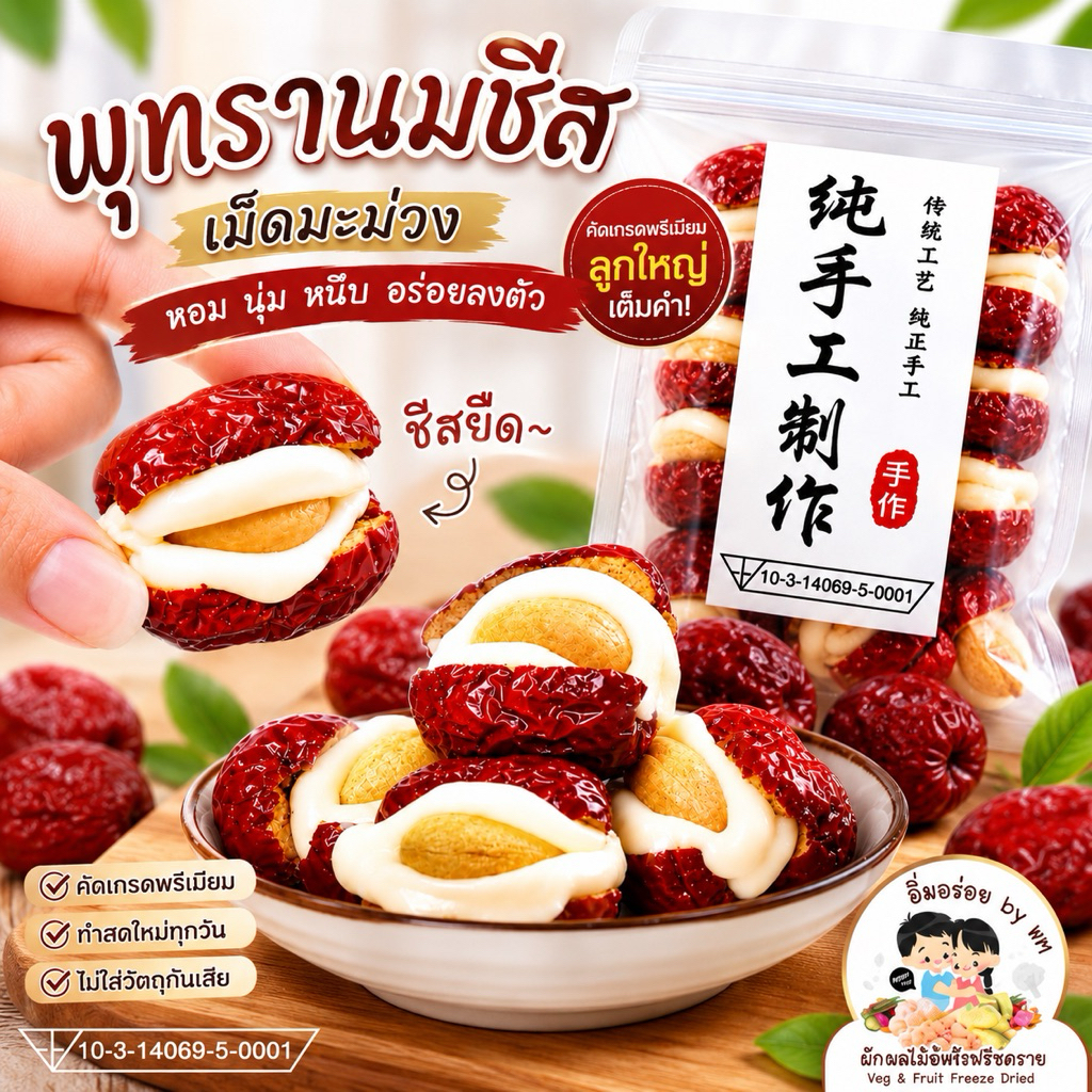 kondee พุทราจีนสอดไส้ชีสและเม็ดมะม่วงหิมพานต์ (ถุงละ 500g) พร้อมส่งในไทย