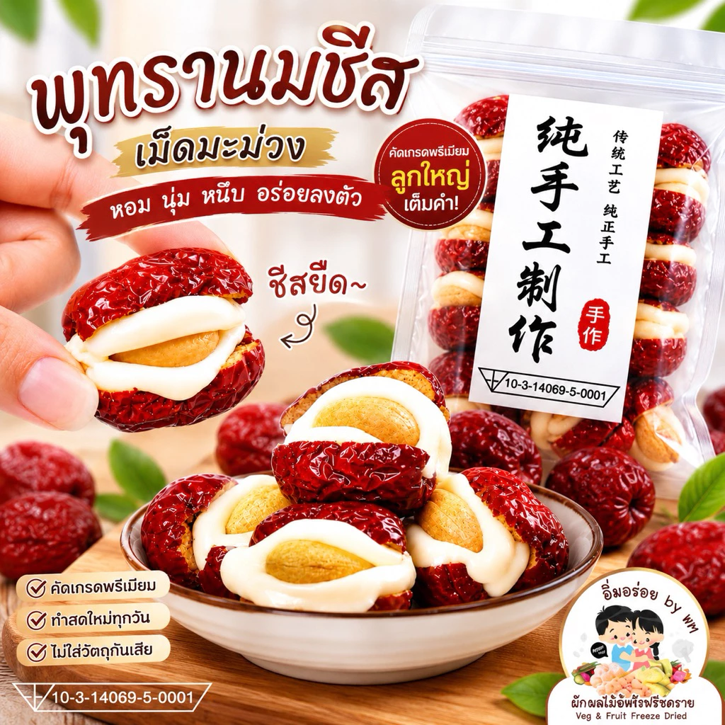 kondee พุทราจีนสอดไส้ชีสและเม็ดมะม่วงหิมพานต์ (ถุงละ 500g) พร้อมส่งในไทย