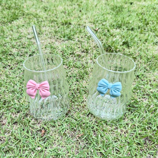 แก้วน้ำ วัสดุแก้ว 450 มล โบว์สีชมพู🎀 พร้อมหลอด แก้วกาแฟ ส่งจากกรุงเทพ