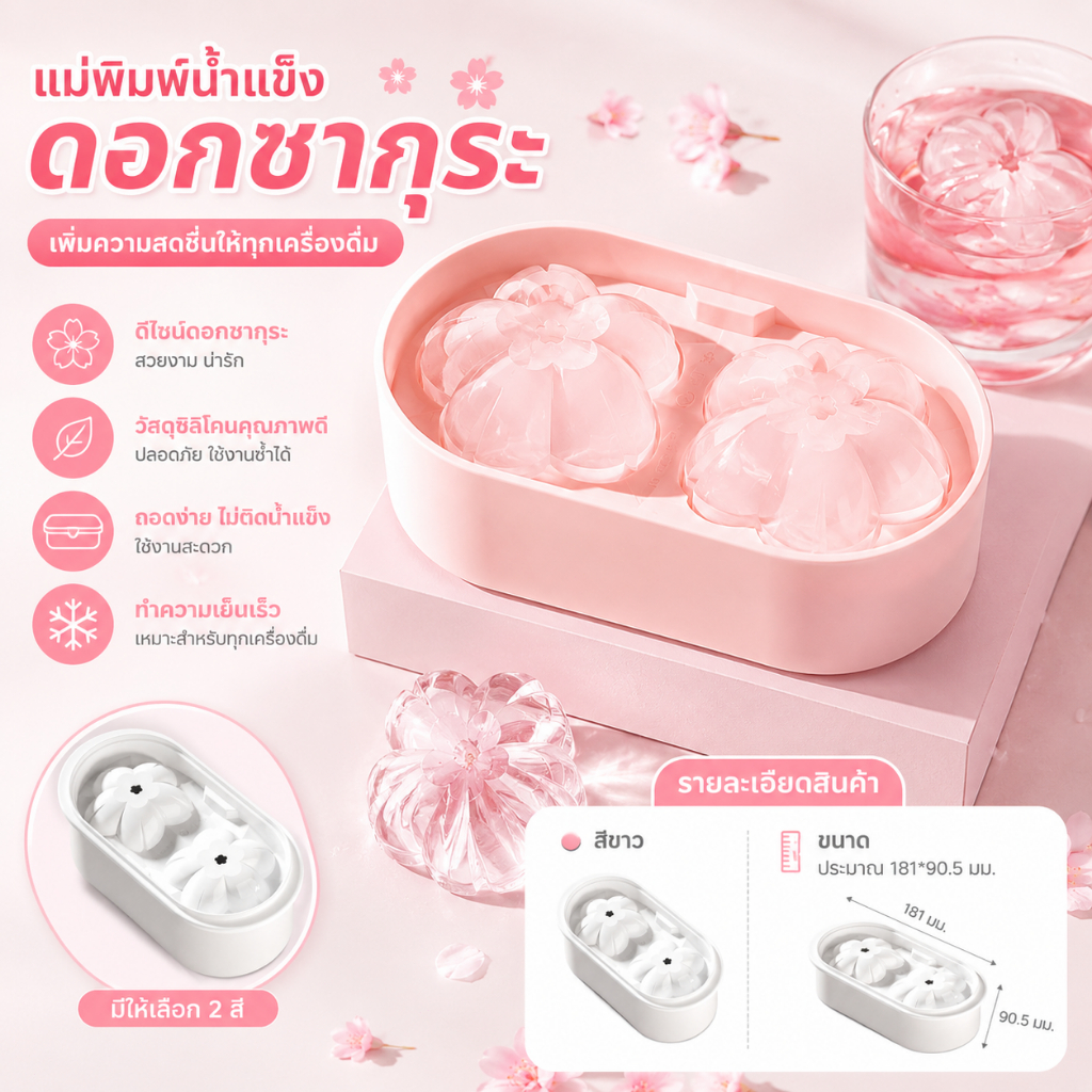 [พร้อมส่ง]แม่พิมพ์ทำน้ำแข็ง ที่ทำน้ำแข็งซิลิโคน 3D ลายดอกซากุระ รูปดอกไม้ แกะง่าย ถาดทำน้ำแข็ง ซิลิโคน วัสดุอาหารเกรด