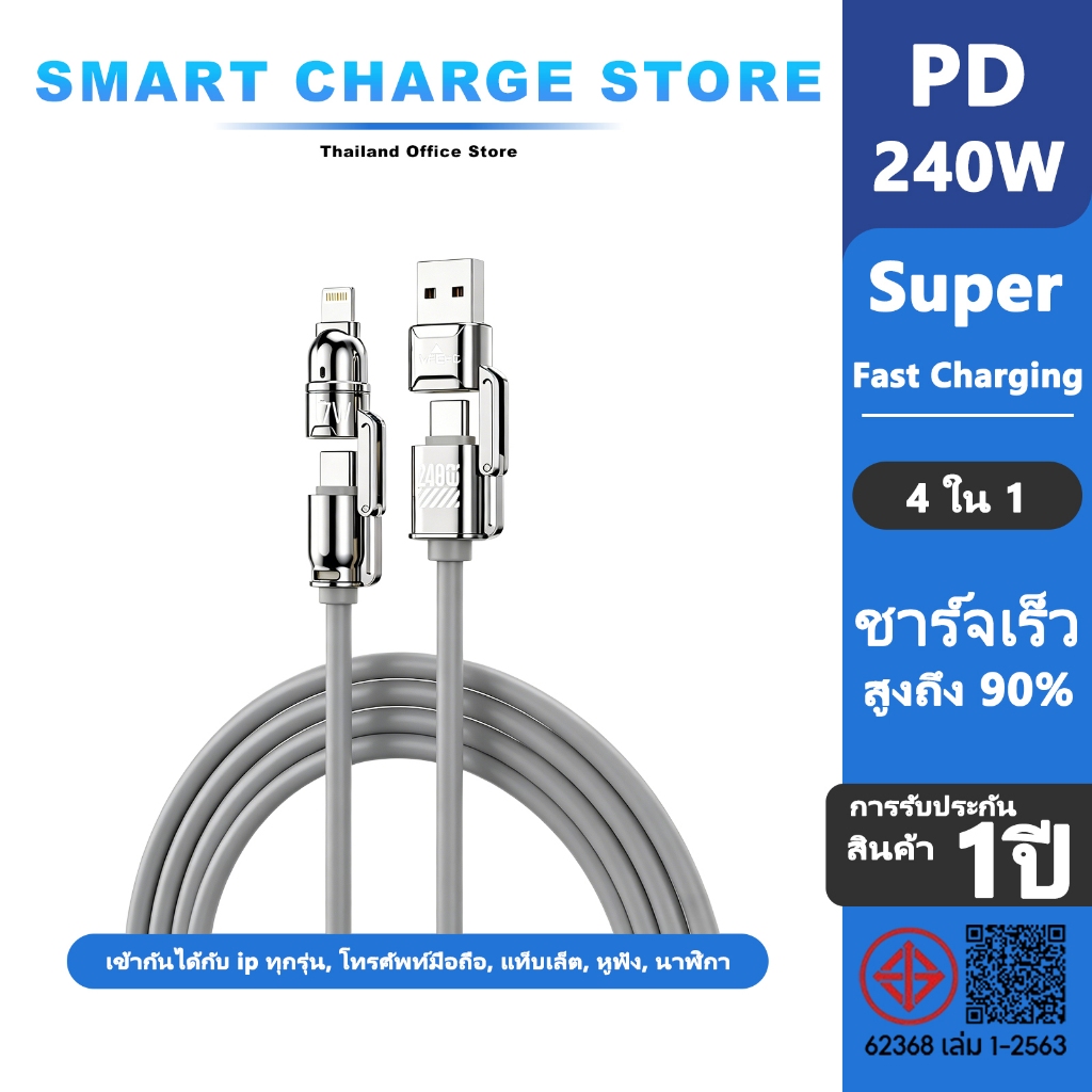 【รับประกัน 1 ปี】ชุดชาร์จเร็วซูเปอร์แฟลช 240W หัวชาร์จ 4 in 1 สายชาร์จ Fast Charge สำหรับ การส่งข้อมูล