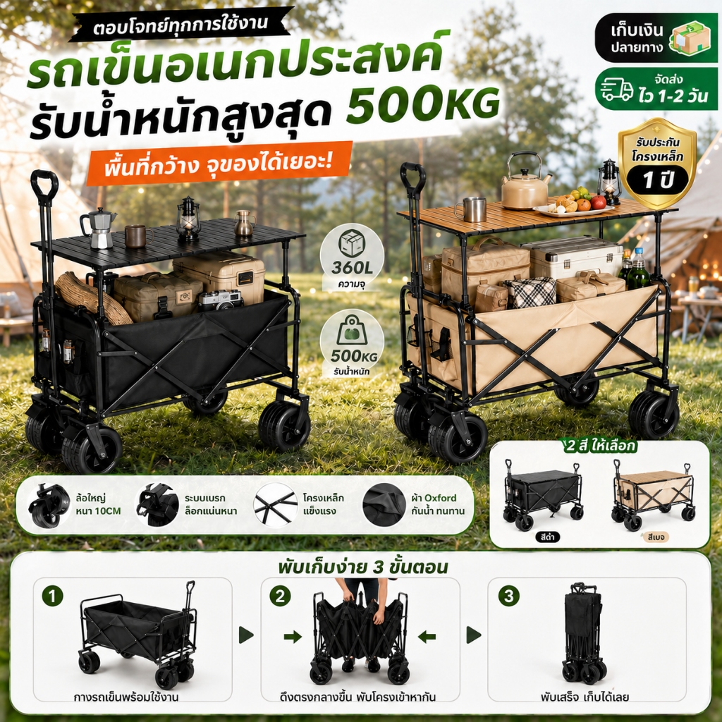 พร้อมส่ง รถเข็นแคมป์ปิ้งพับได้ 300KG ล้อใหญ่ 10ซม. จุของเยอะ รถเข็นปิกนิก รถลากของพกพา ใช้กลางแจ้ง