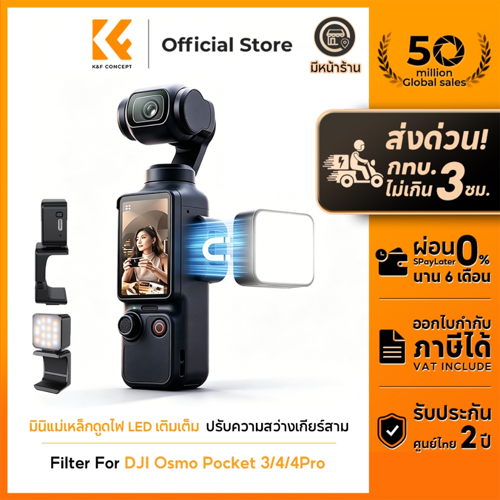 K&FCONCEPT LM61 มินิแม่เหล็กดูดไฟ LED เติมเต็ม ปรับความสว่างของเกียร์สามได้ สำหรับ pocket 3/4/4pro
