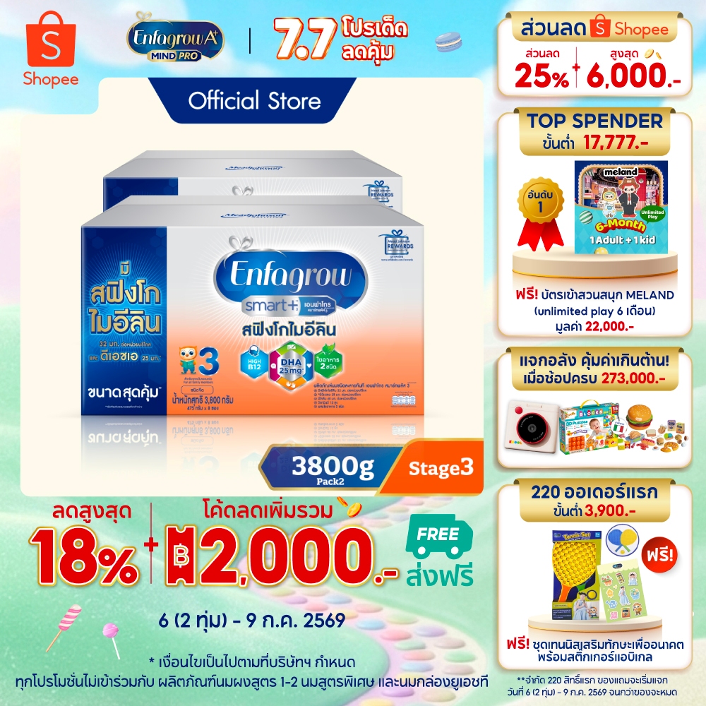นมผง เอนฟาโกร สมาร์ทพลัส ดีเอชเอ สูตร3 ชนิดจืด (3800 กรัม) x2 กล่อง Enfagrow Smart+ Stage3 Plain (3800 g) x2 packs