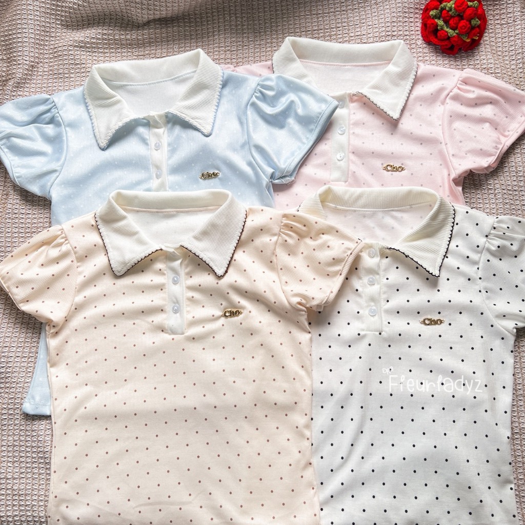 Fleurladyz เสื้อโปโล ผ้าร่อง เสื้อคอปกทูโทนสไตล์เกาหลี
