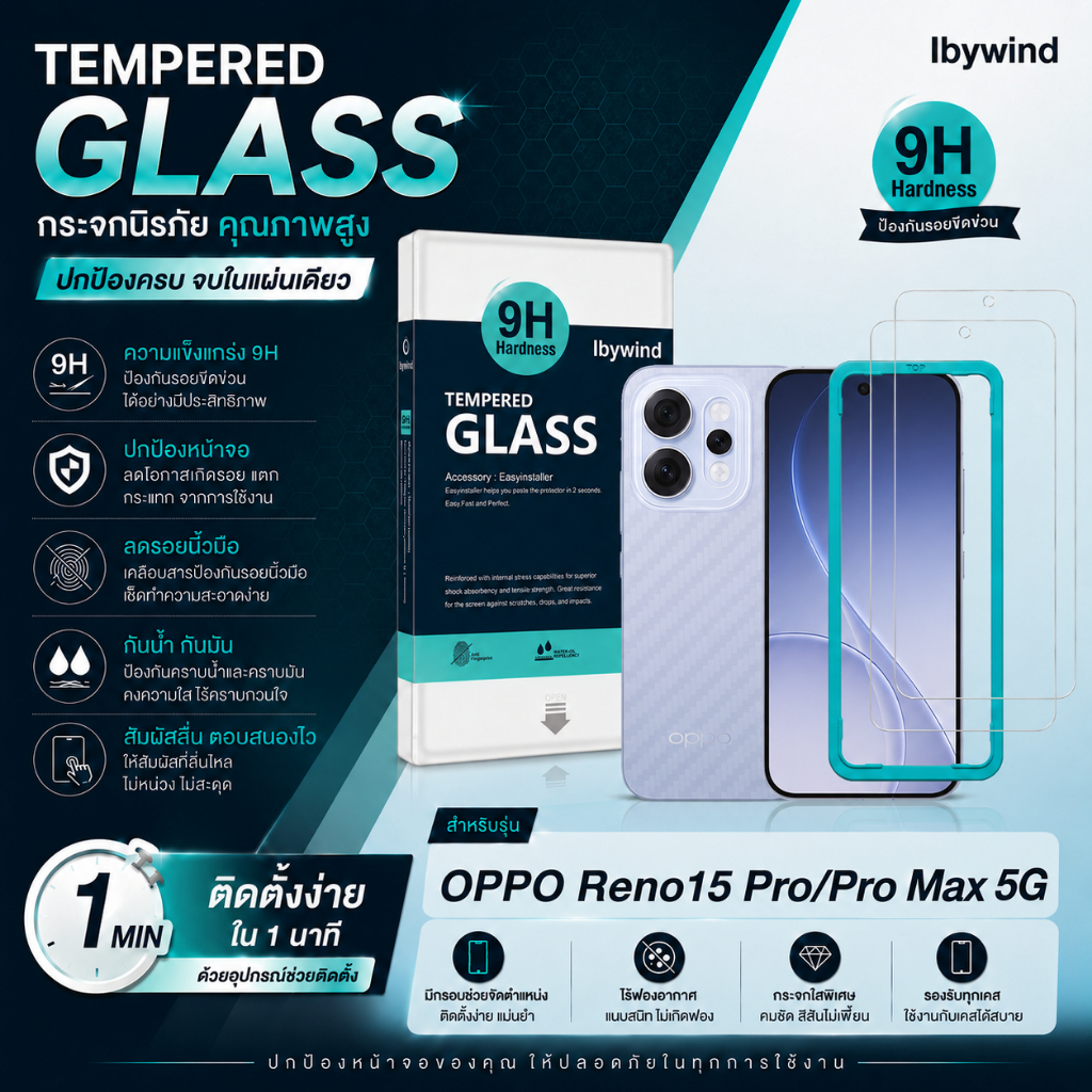 ฟิล์มสำหรับ Oppo Reno 15 Pro/Pro Max 5G ฟิล์มกระจกใส ibywind ของแท้ แถมฟิล์มหลังและกันเลนส์กล้อง ส่ง