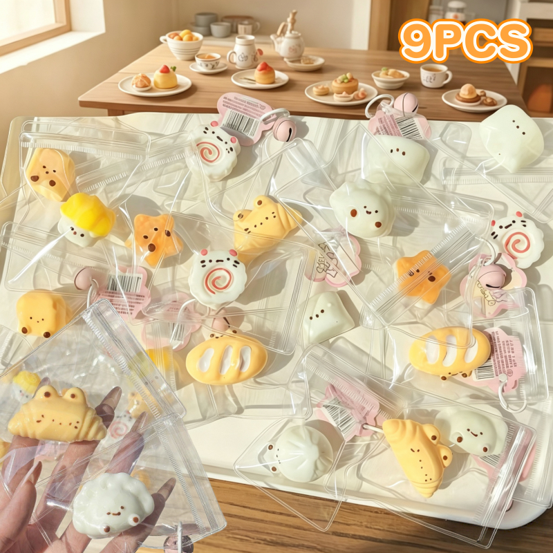 ชุดรวมของเล่นคลายเครียด Squishy 9 ชิ้น ตัวห้อยอาหารมินิ ขนมปังสร้างสรรค์ สนุกและช่วยคลายเครียด