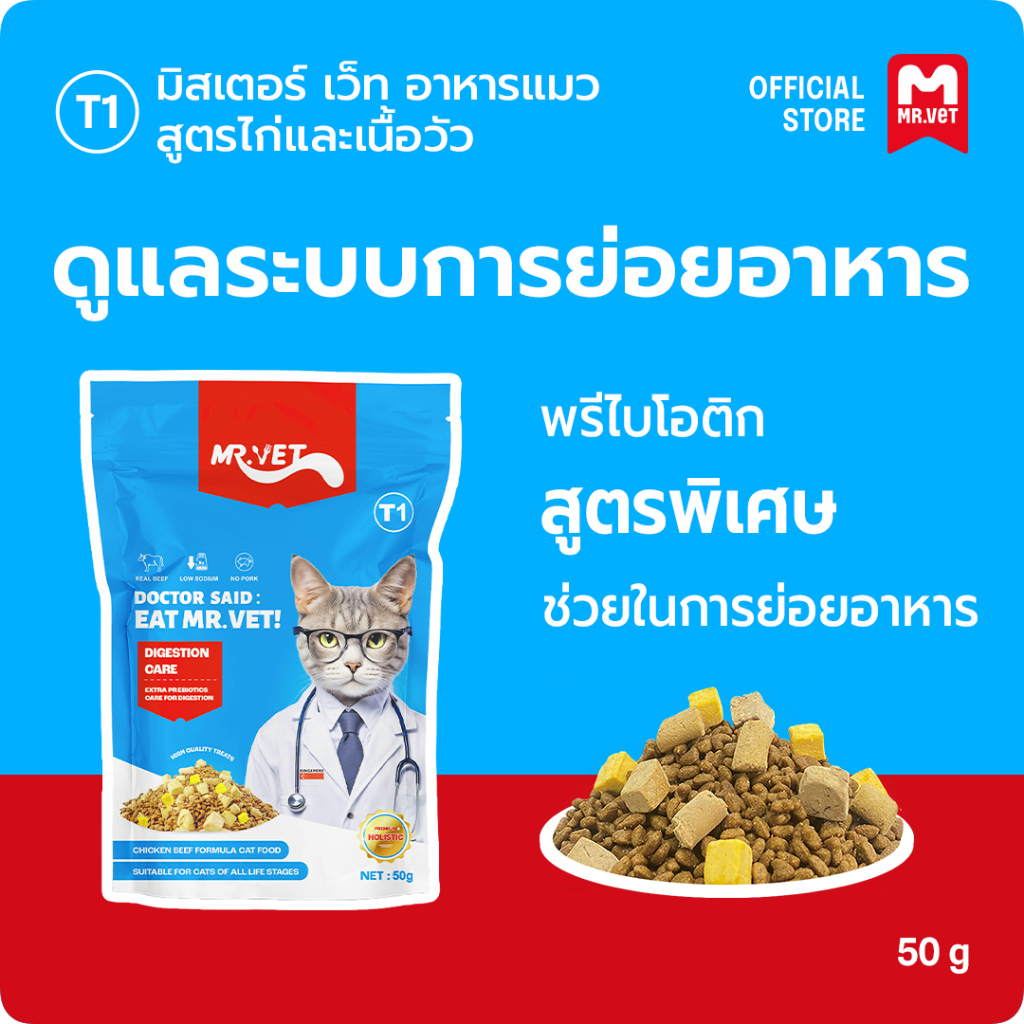 MRVET อาหารแมว T1 T2 Holistic 300g ระดับโปรตีน 30% ขนมแมว สำหรับทุกวัย บำรุงขนและผิวหนัง ผสมฟรีซดราย 3 ชนิด