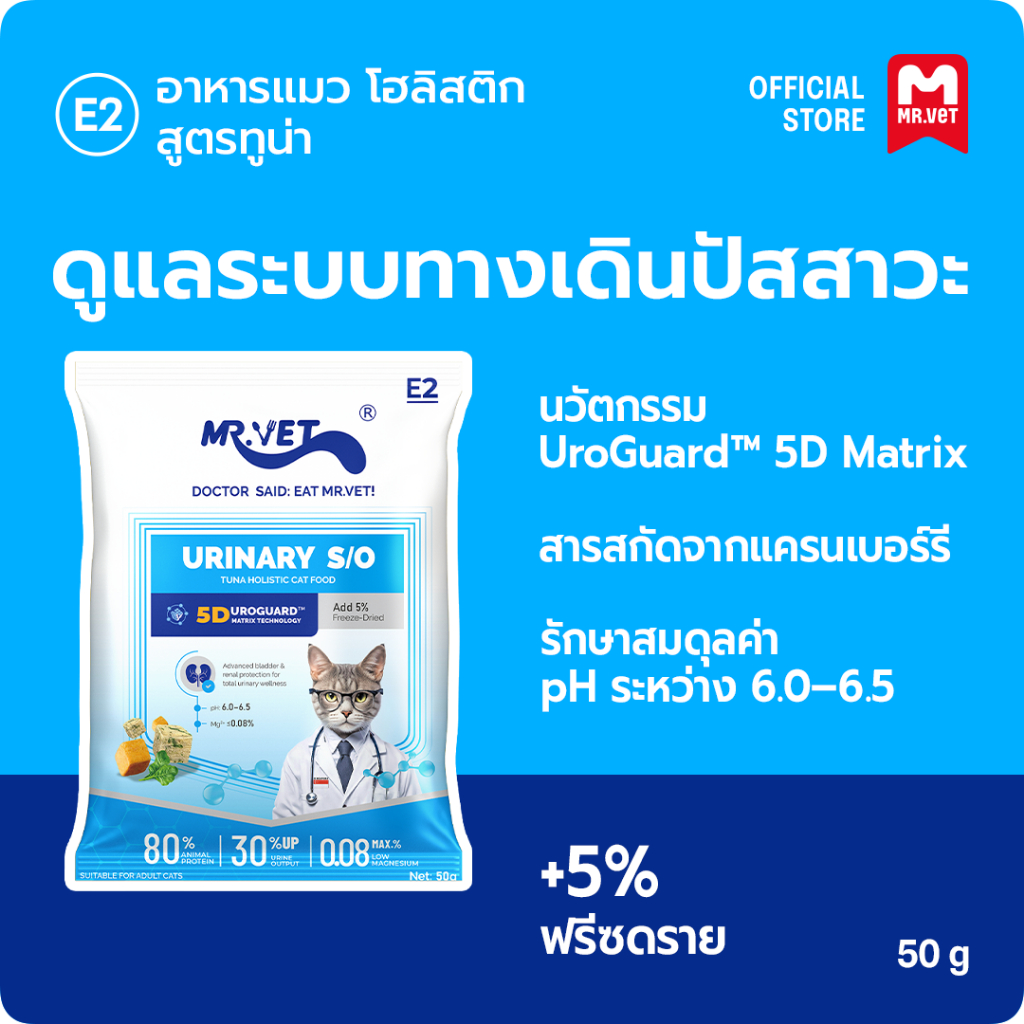 【BIG Deal】MR.Vet E2 UroGuard™ 5D Matrix อาหารแมว 1กก. – ดูแลระบบทางเดินปัสสาวะและไต ดูแล pH การเกิดนิ่ว โปรตีนสูง 30%