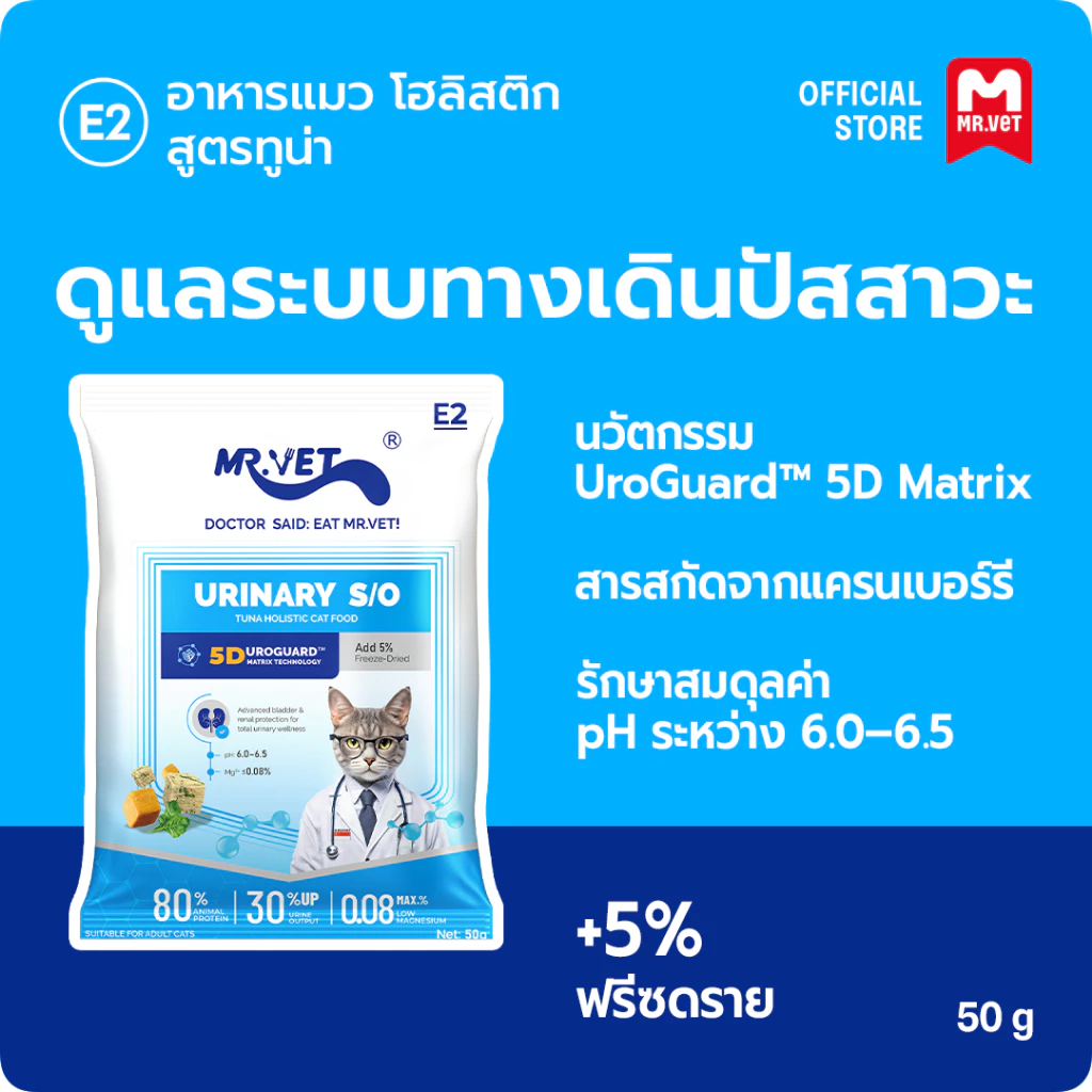 MR.Vet E2 UroGuard™ 5D Matrix อาหารแมว 50g ดูแลระบบทางเดินปัสสาวะและไต ดูแล pH การเกิดนิ่ว โปรตีนสูง 30%