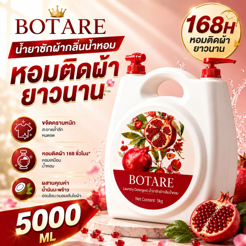 【5000ML】BOTARE น้ํายาซักผ้า กลิ่นทับทิมแดง น้ำมันมะพร้าวดูแลผ้า เข้มข้นฟองน้อย ฆ่าเชื้อขจัดกลิ่นอับ