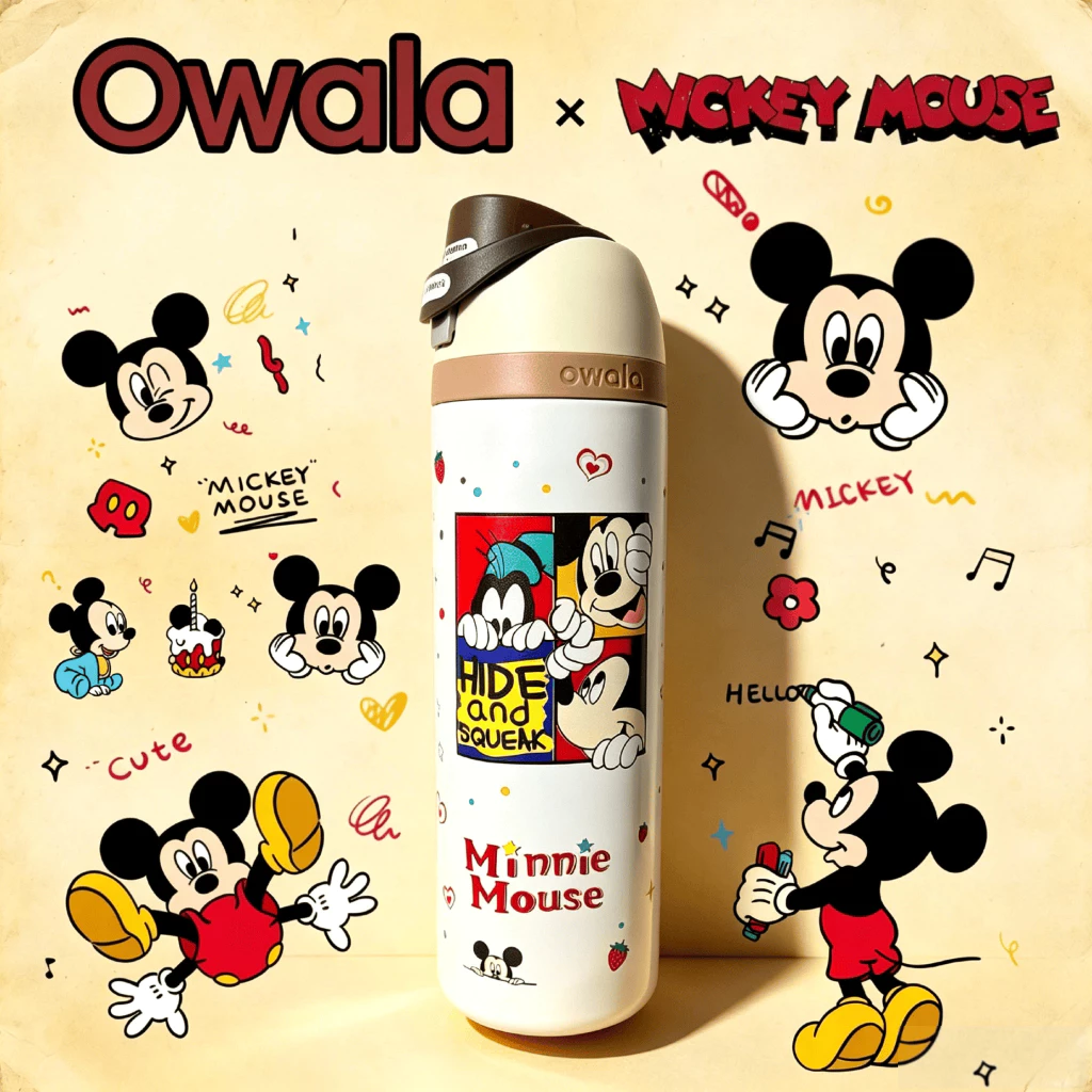 Owala × Mickey Mouse FreeSip 24oz กระติกน้ำสแตนเลสเก็บอุณหภูมิ ของแท้100% พร้อมส่ง 2in1 ยกดื่ม-ดูดหลอด สีใหม่