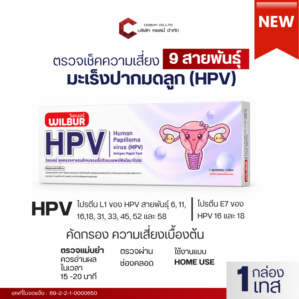 WILBUR ชุดตรวจคัดกรอง HPV 9 สายพันธุ์ ตรวจเองที่บ้าน ครอบคลุม HPV 16/18 ความแม่นยำสูงชุดตรวจสุขภาพผู