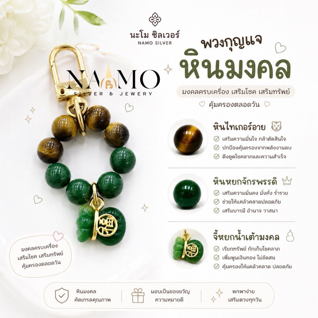 พวงกุญแจหินมงคล พวงกุญแจหินแท้ 🪷 น้ำเต้าหยกถุงเงิน
