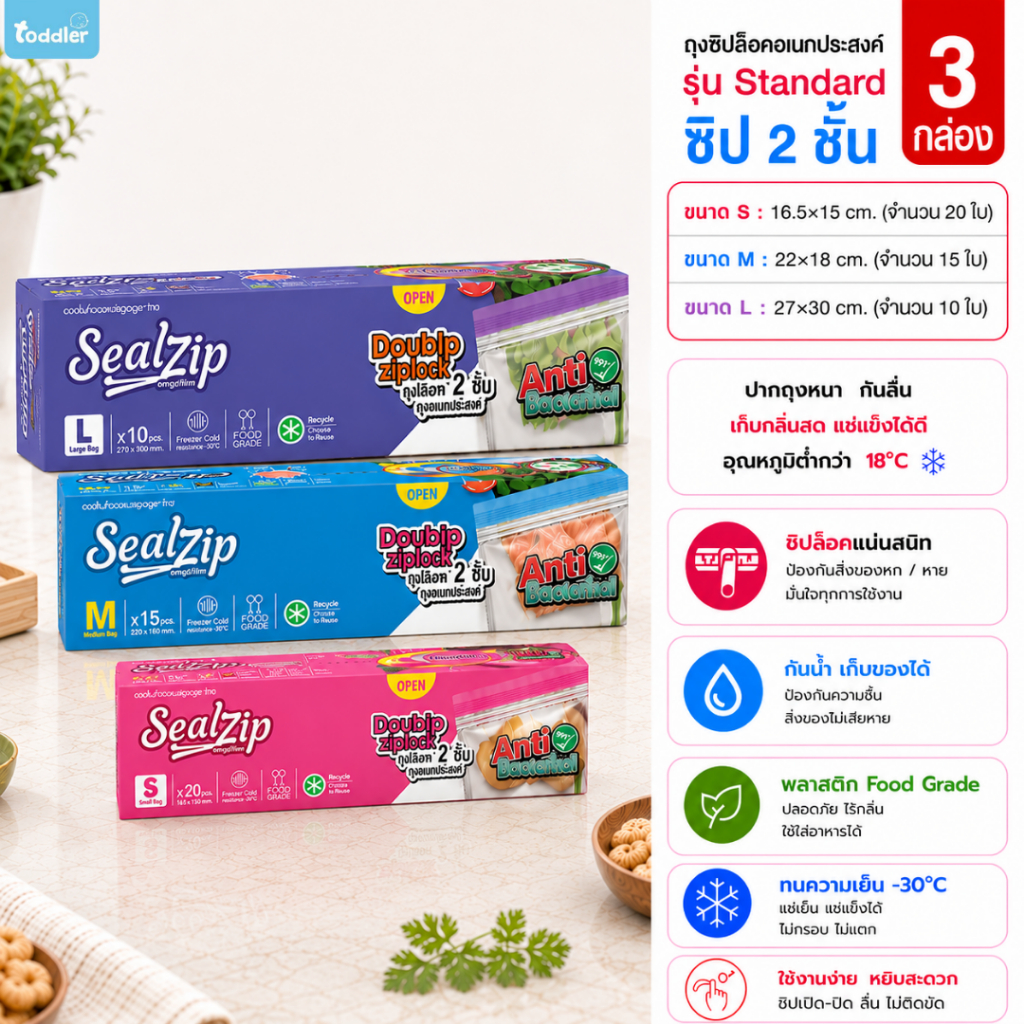 (3กล่อง) Sealzip ถุงซิบใส่อาหาร ถุงซิบล็อคเนื้อหนา ซิป 2 ชั้น เก็บกลิ่นได้ดี รุ่น Standard  S M L