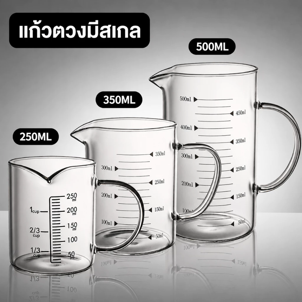 พร้อมส่ง แก้วตวงใส ทนความร้อน พร้อมสเกลวัด ปากเท สำหรับกาแฟ นม 250/350/500ml