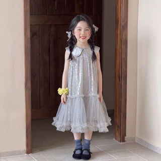 PRINCESS KESLI ชุดเดรสเด็กผู้หญิ แขนกุด คอปกแขนตุ๊กตา ผ้าซีควินส์ ดูหรูหราและน่ารักมาก เหมาะกับงานปาร์ตี้วันเกิด 2-12 ปี