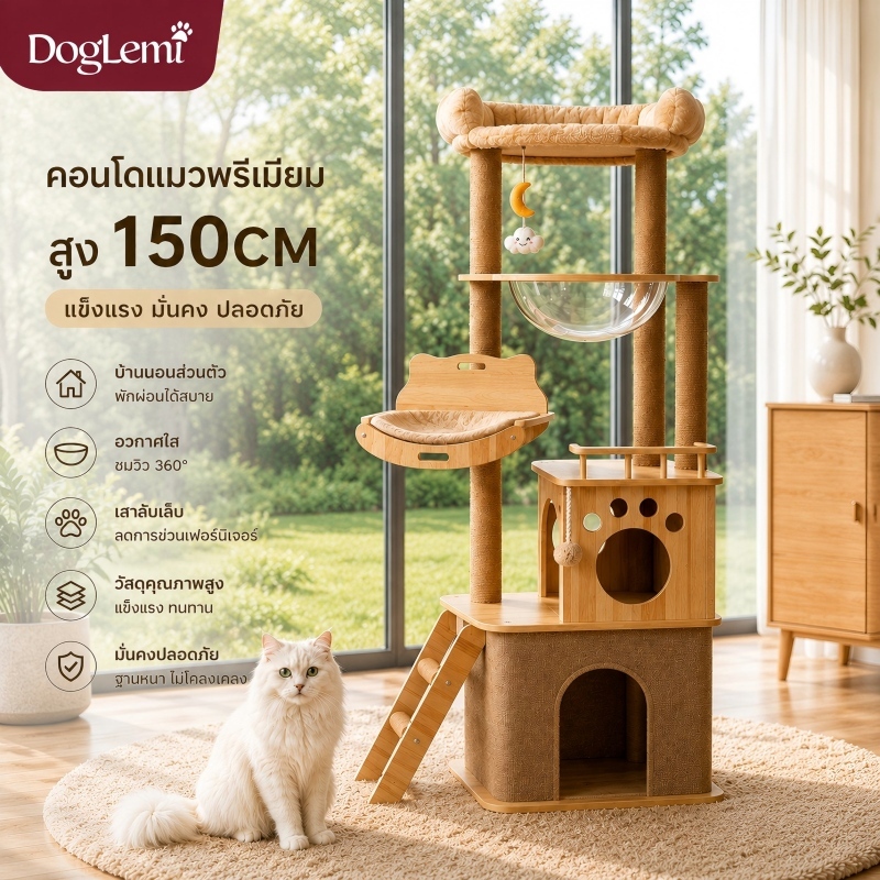 【Doglemi】คอนโดแมว XXL บ้านแมวไม้สูงพิเศษ พร้อมเปลใส เสาลับเล็บ ที่นอนแมวหลายชั้น รองรับแมวตัวใหญ่