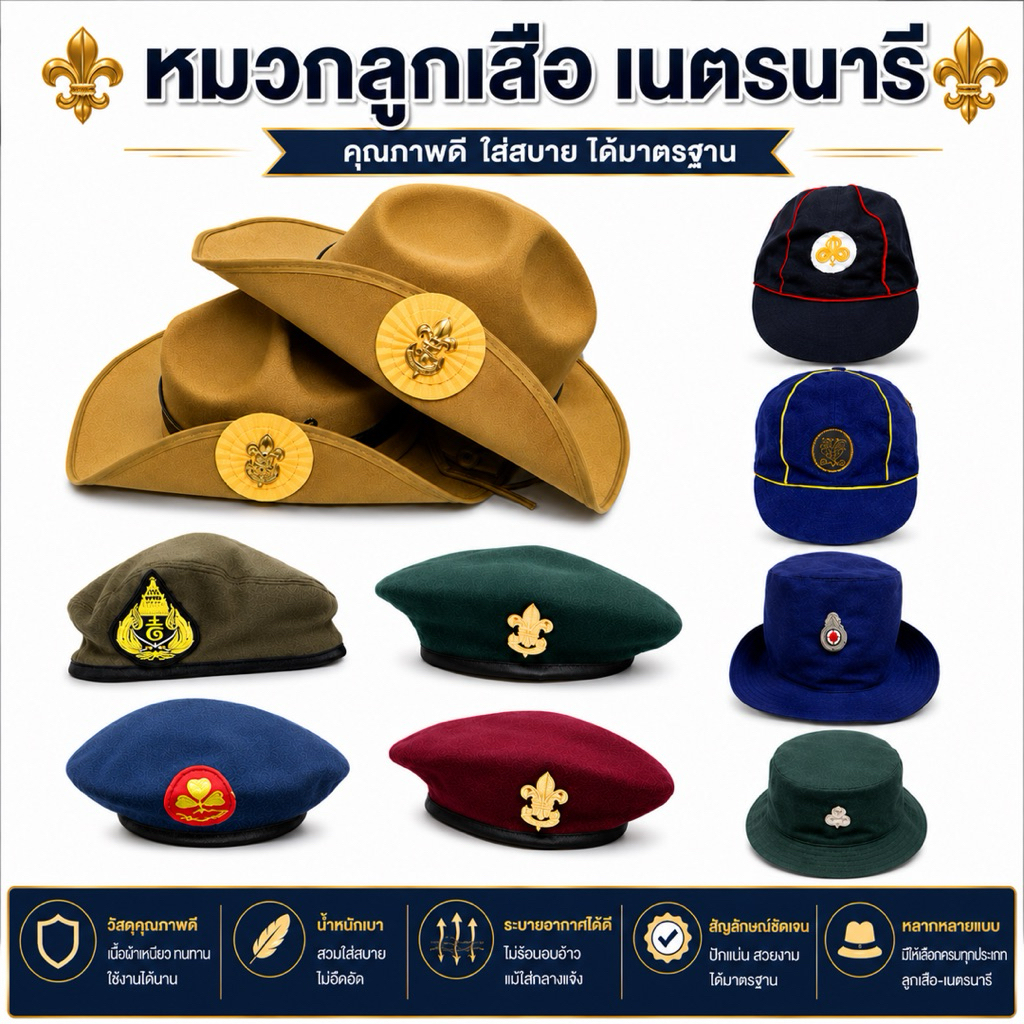 หมวก ลูกเสือ เนตรนารี ยุวกาชาด ผู้บำเพ็ญ เบเร่ต์แดง เบเร่ต์เขียว รด ทุกหมวกพร้อมเข็ม