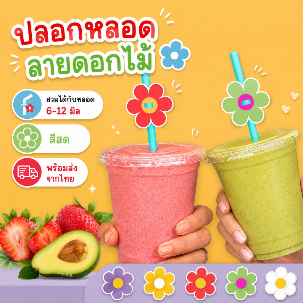 (30ชิ้น) ปลอกตกแต่งหลอด ปลอกหลอด ดอกไม้น่ารักๆ สวมหลอดได้หลายขนาด