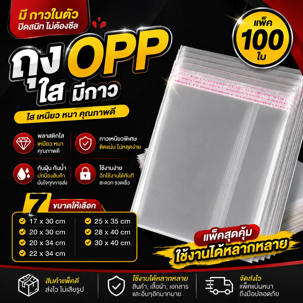 100ใบ!! ถุง OPP ใส ฝากาว ถุงแพ็คของ ถุงใส่สินค้า ถุงใส่เสื้อผ้า ถุงใส่เอกสาร ถุงใส่ของขวัญ
