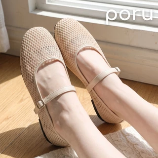 PORU รองเท้าแมรี่เจนตาข่าย รองเท้าคัทชูผู้หญิง ซีทรู สไตล์มินิมอลเกาหลี รองเท้าพื้นนุ่ม ใส่สบาย ระบายอากาศดี